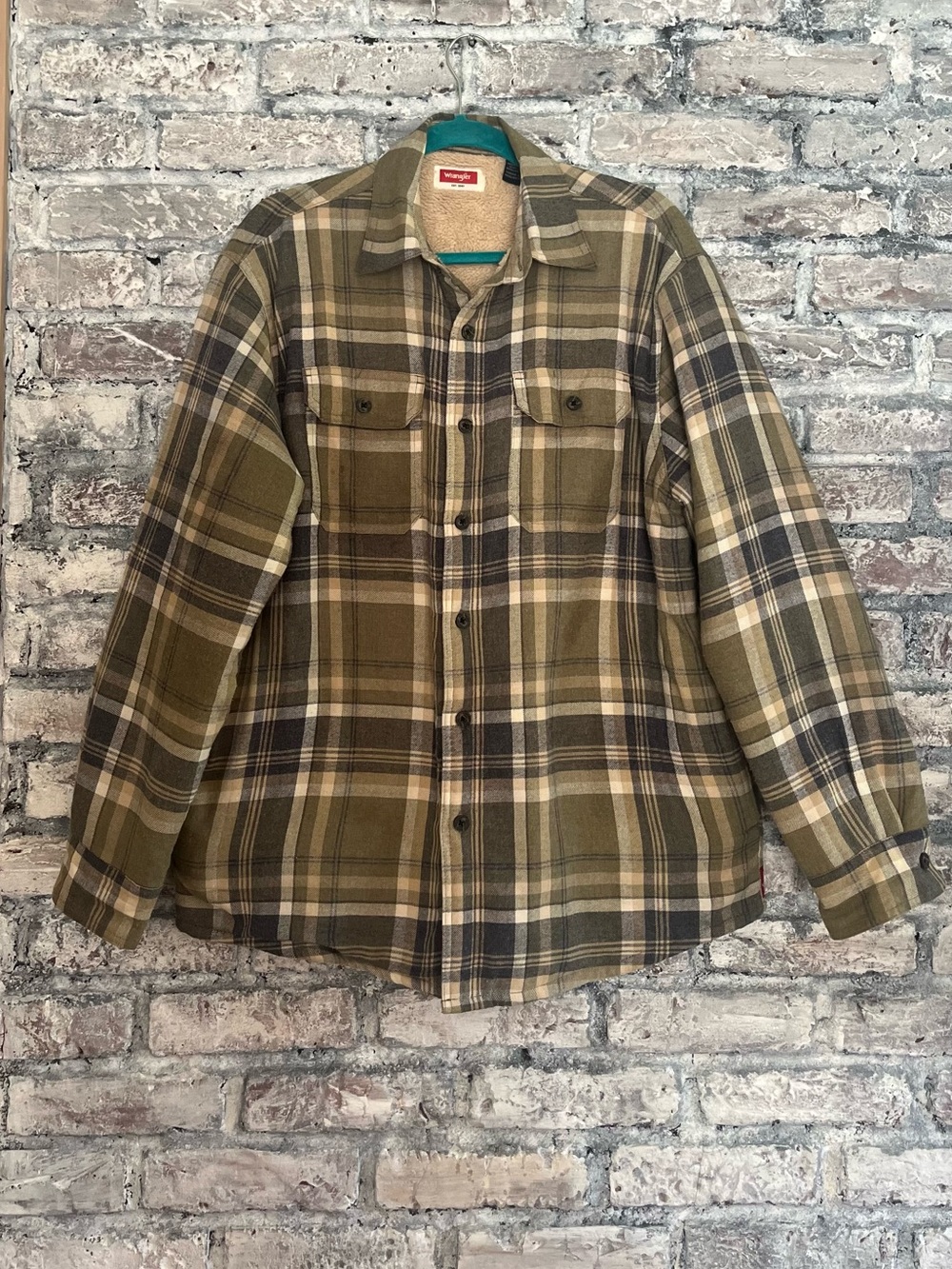 Wrangler Olive and Brown Plaid Sherpa-like Lined Shirt Jacket, pockets, warm